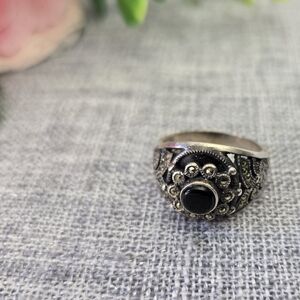 Vintage 925 Sterling Silver‎ Black Onyx Marcasite Statement Ring Size 10.75